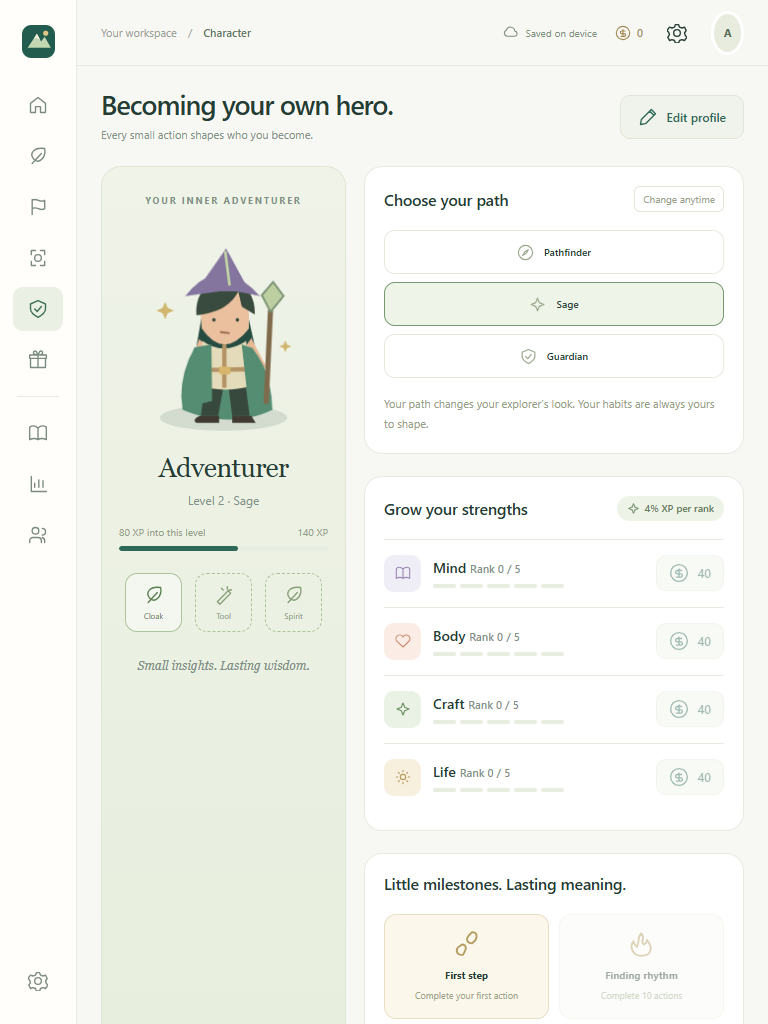 Tablet character view with Sage class, Mossweave cloak and skills.