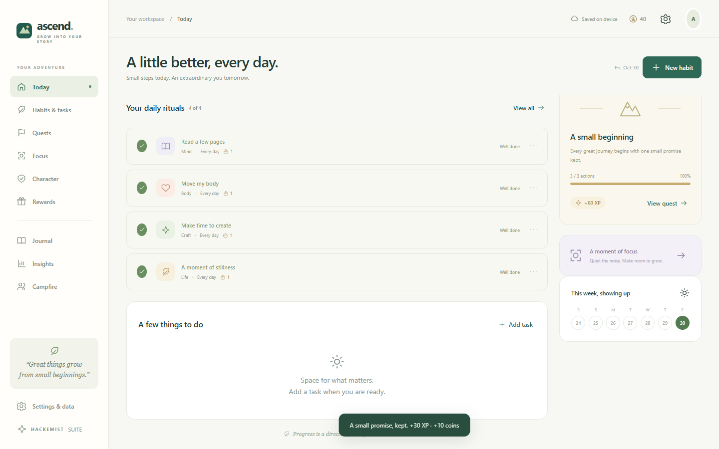 Desktop daily dashboard with completed rituals and XP.