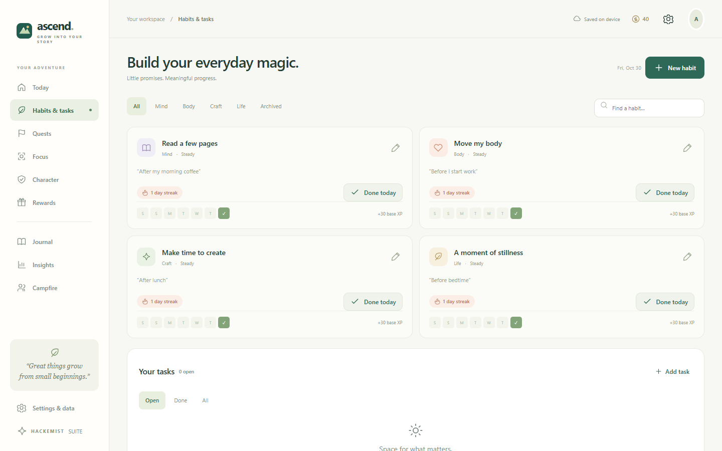 Desktop habit cards with growth areas and check-in history.