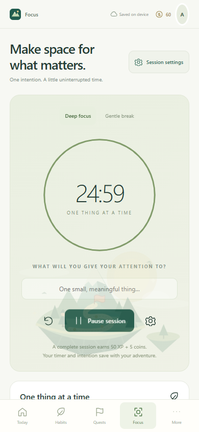 Phone focus timer with pause controls and persistent navigation.