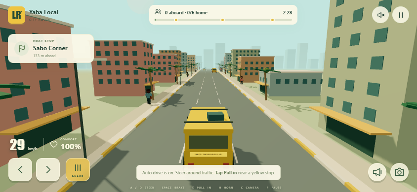 Landscape phone driving view with danfo, mainland streets, route HUD and touch controls.