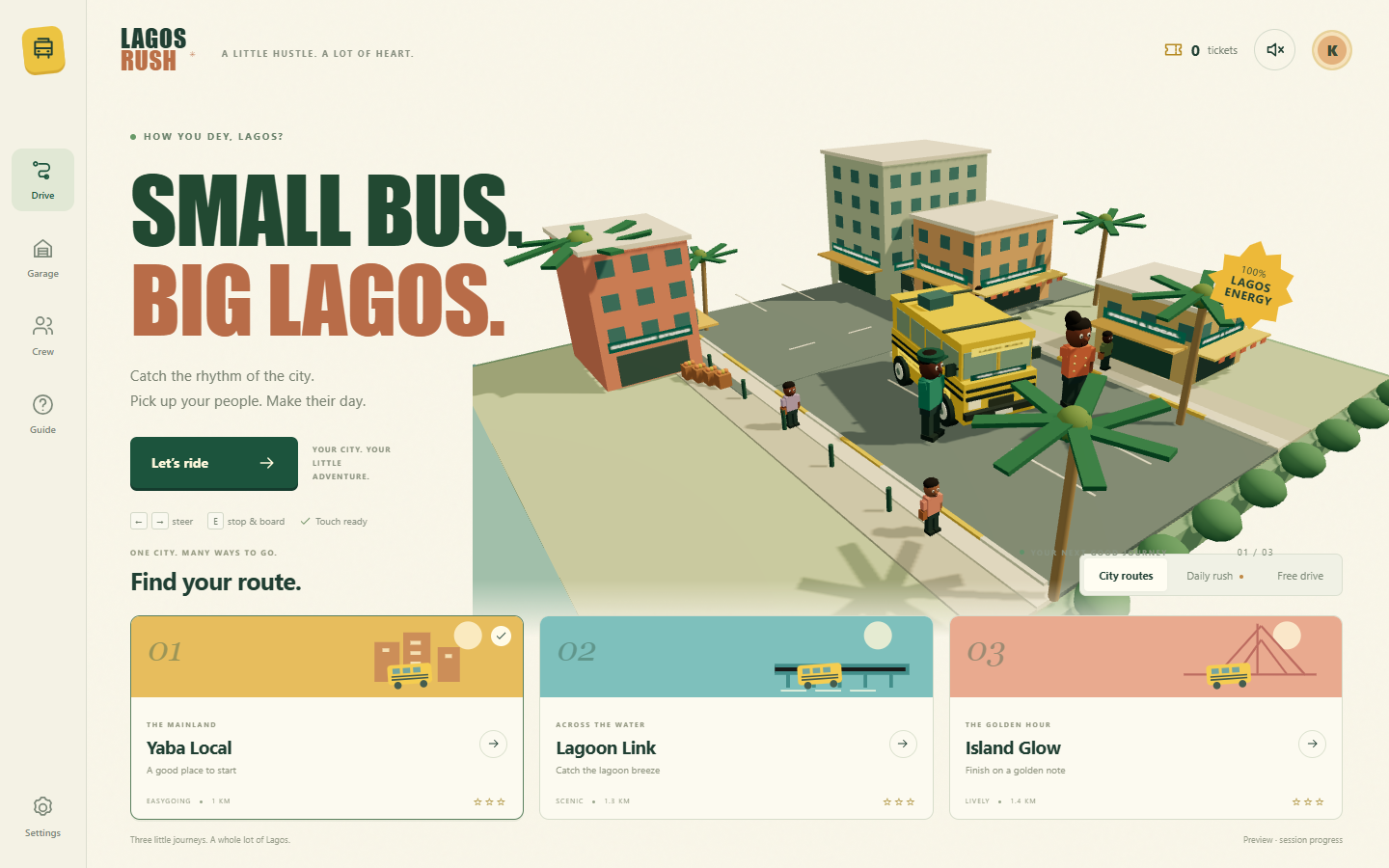 Desktop home with Lagos Rush title, original 3D danfo and characters, and three route choices.