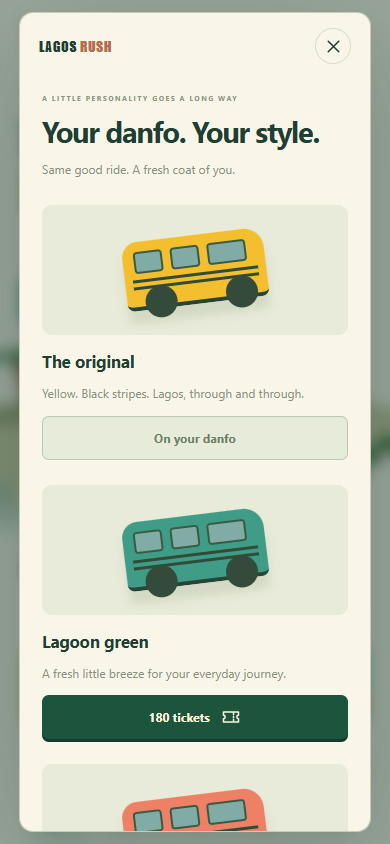Portrait phone garage lists classic yellow, lagoon green and sunset coral bus styles with ticket prices.