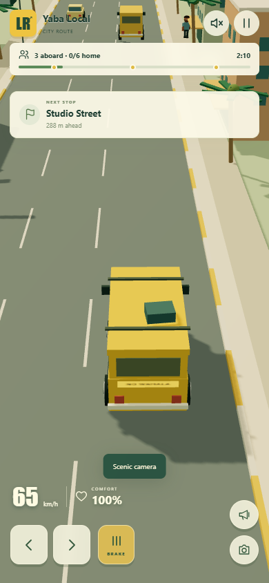 Portrait phone gameplay with passengers aboard, a scenic camera view and driving controls.