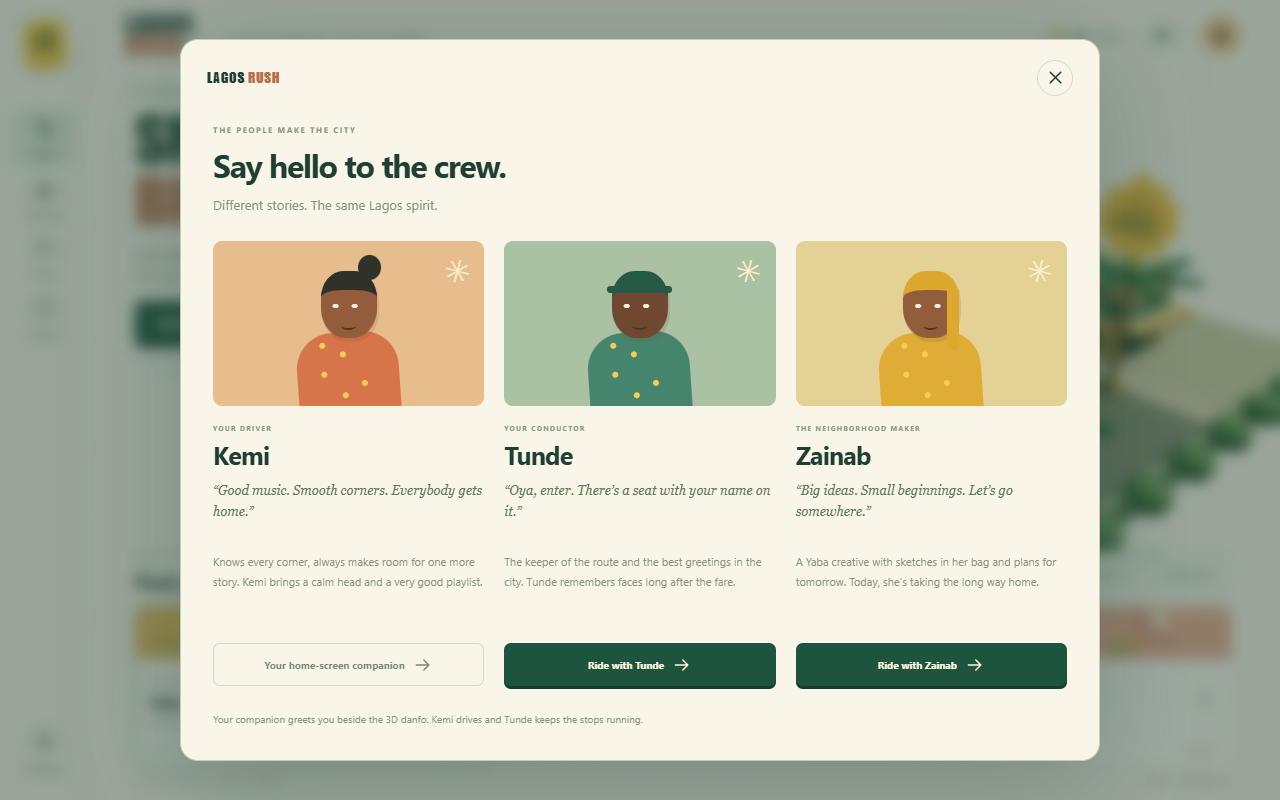 Desktop crew panel introduces Kemi, Tunde and Zainab and their stories.