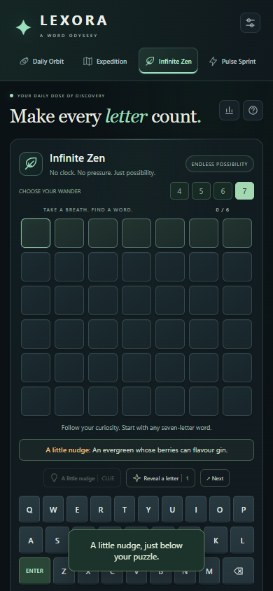 Phone Infinite Zen puzzle with seven-letter rows and a visible original clue below the grid.
