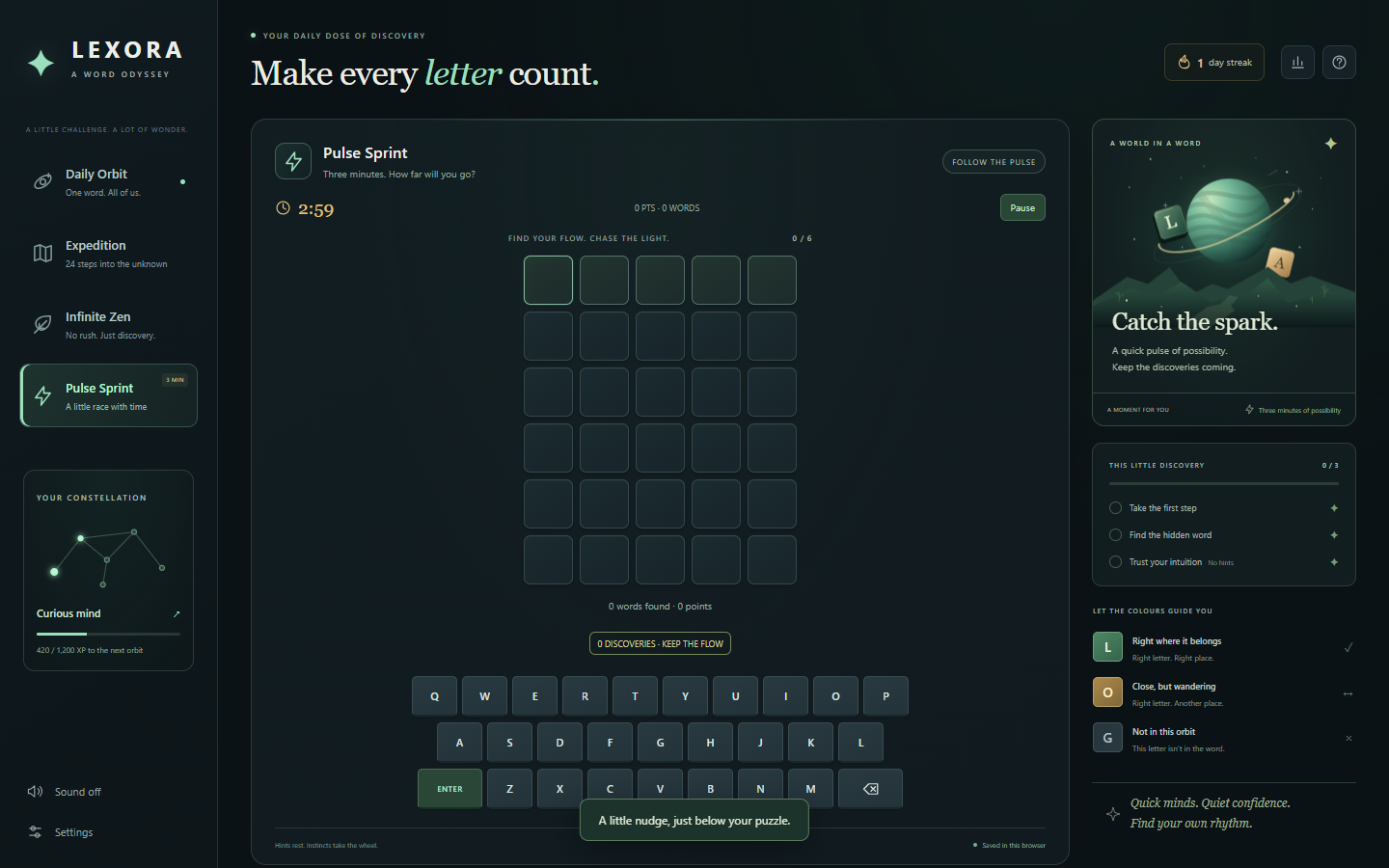 Desktop Pulse Sprint with an active three-minute timer, score and five-letter guessing grid.
