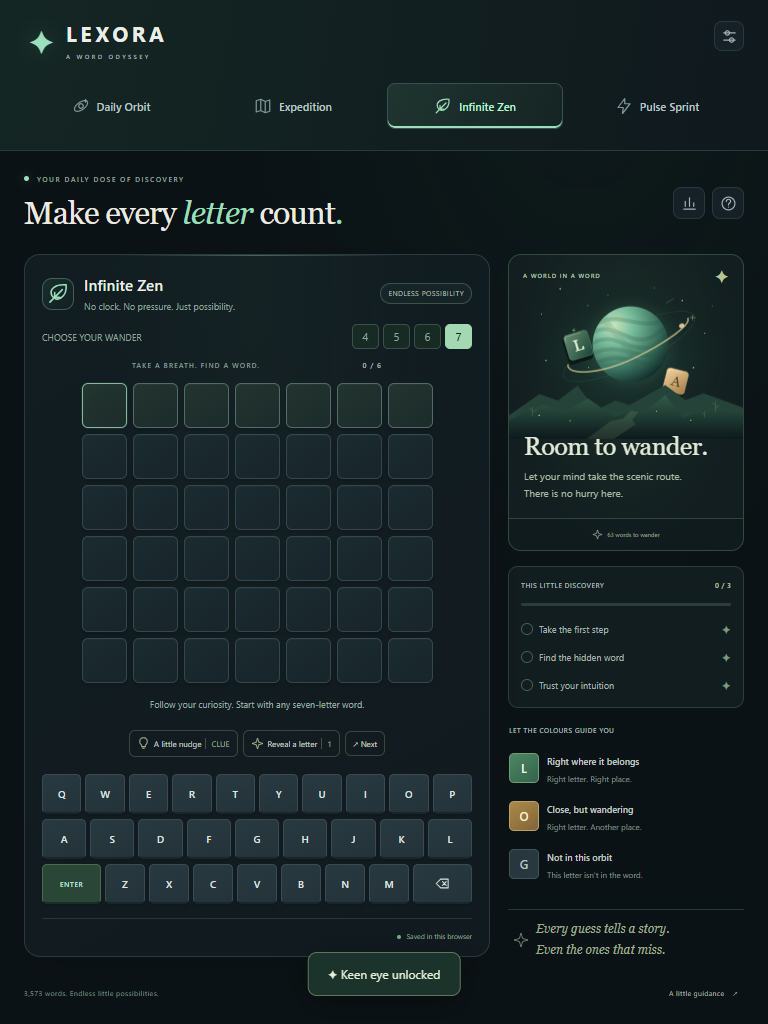 Tablet portrait Infinite Zen puzzle with seven columns and word-length controls.