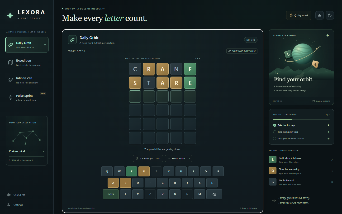 Desktop Daily Orbit showing CRANE and STARE guesses with coloured letter feedback and the full keyboard.
