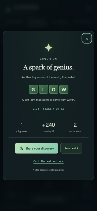 Phone result dialog for the solved first expedition stage with three stars and next-stage control.