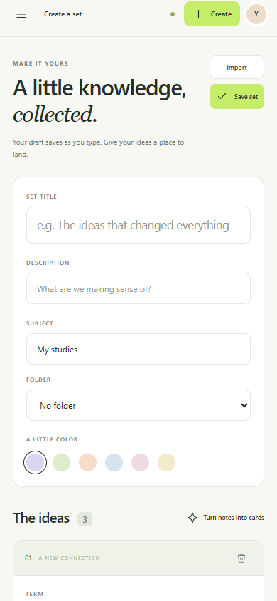 Phone deck editor with title, description, subject, folder and card draft fields.
