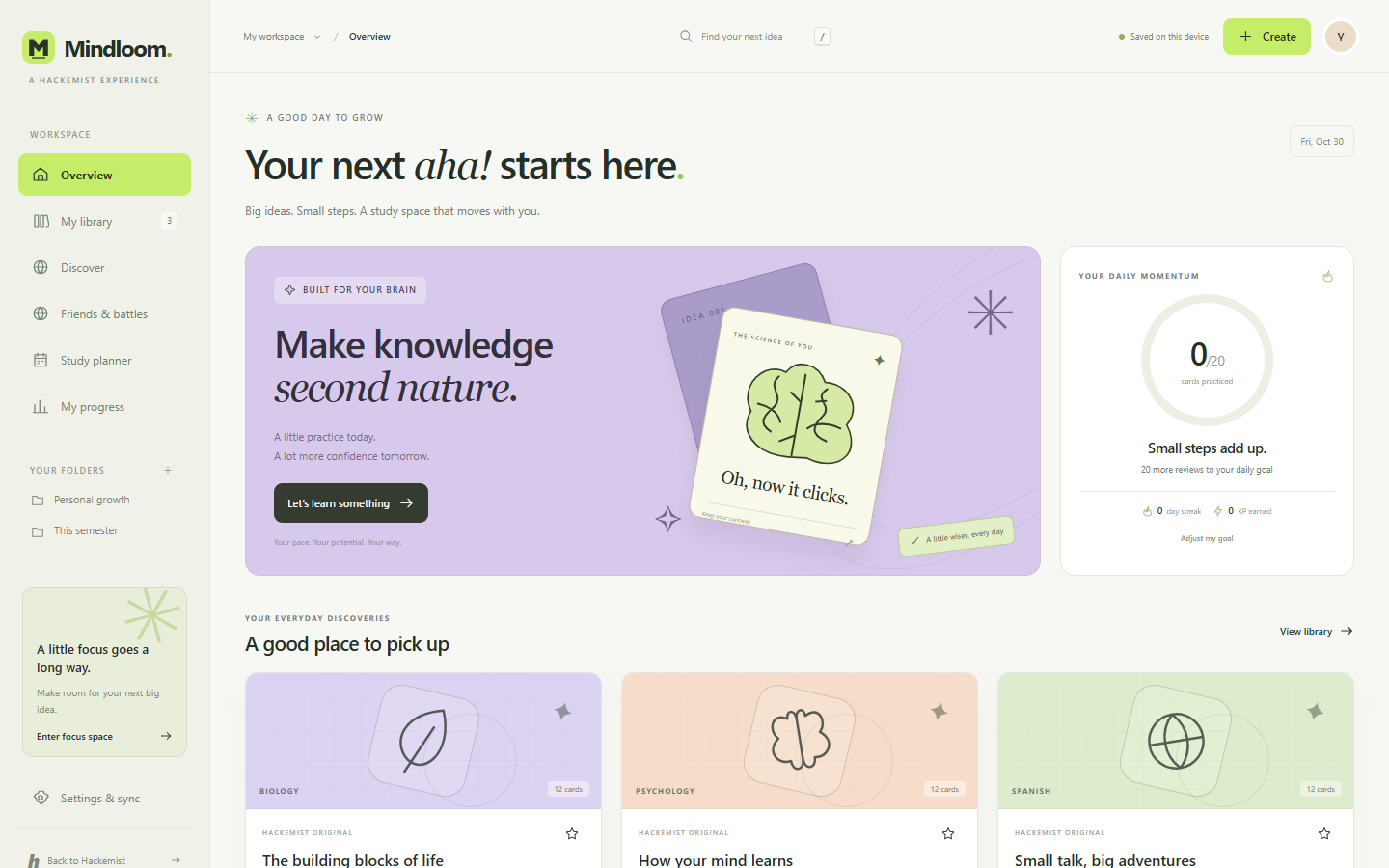 Mindloom desktop overview with a violet study illustration, daily goal and personal library.