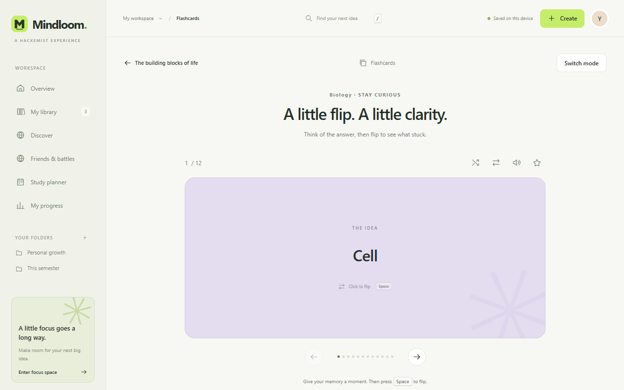 A desktop flashcard showing the biology term Cell.