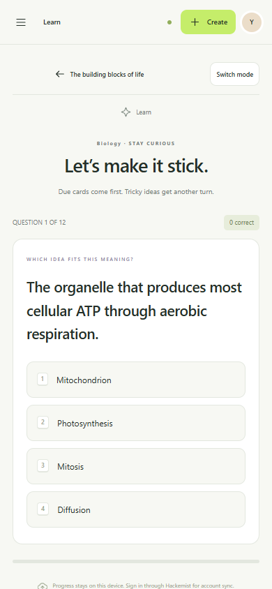 Phone Learn activity with a biology definition and four answer choices.