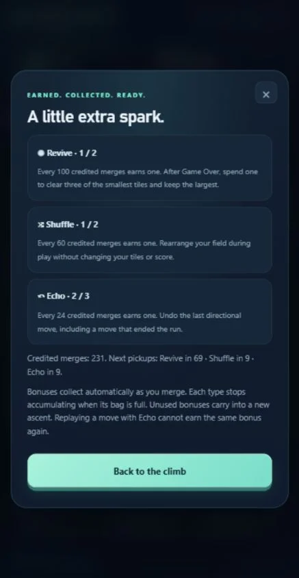 Bonus Bag guide showing Revive, Shuffle and Echo counts, earning intervals and inventory caps.