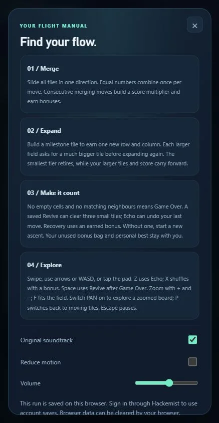 Game guide describing merging, expanding fields, Game Over, controls, soundtrack and reduced motion settings.