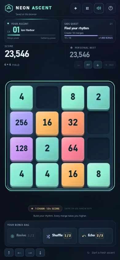 Glowing numbered tiles on the four-by-four board with score, quest and earned bonus inventory visible.