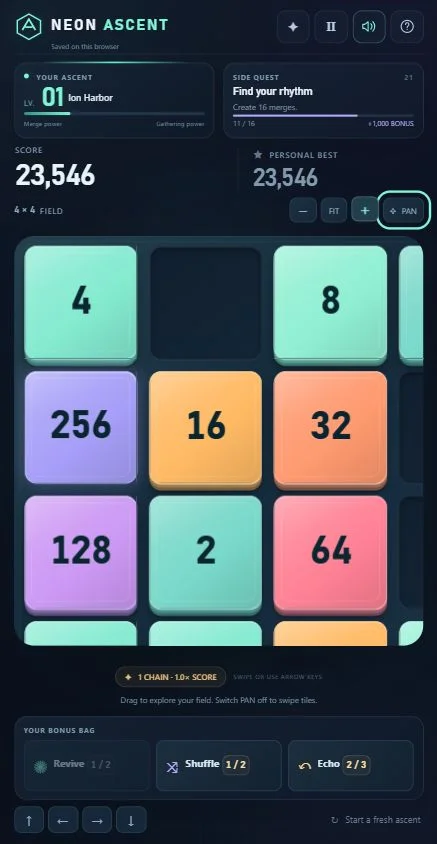 Neon merge board with camera zoom and pan enabled for closer inspection of tiles.