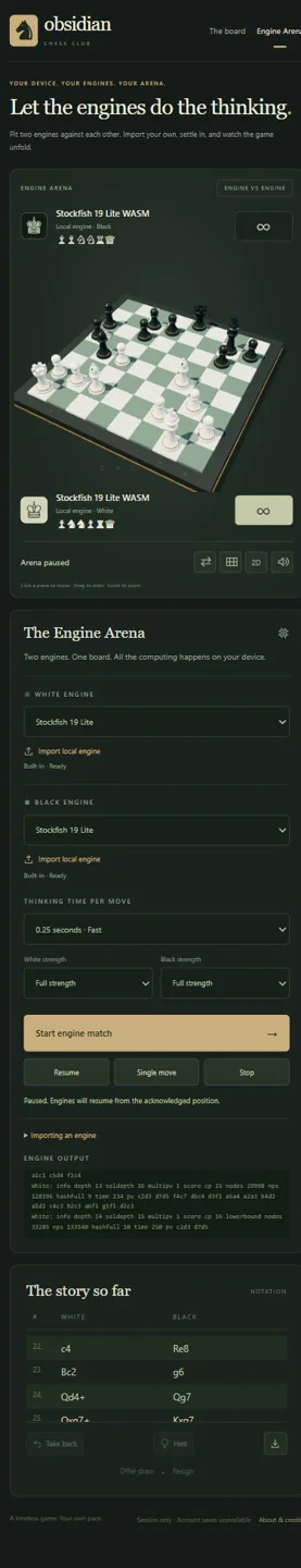 Phone layout showing an Engine Arena match paused, with resume, single-move and stop controls.