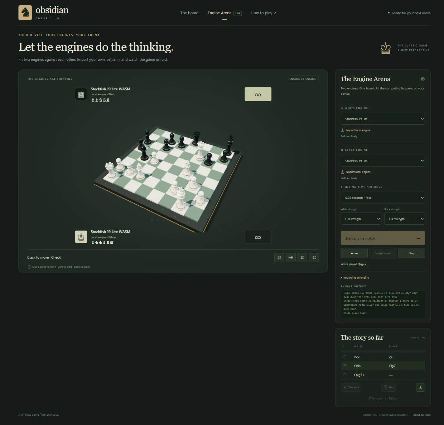 Engine Arena with two Stockfish engines playing, move history and engine output.