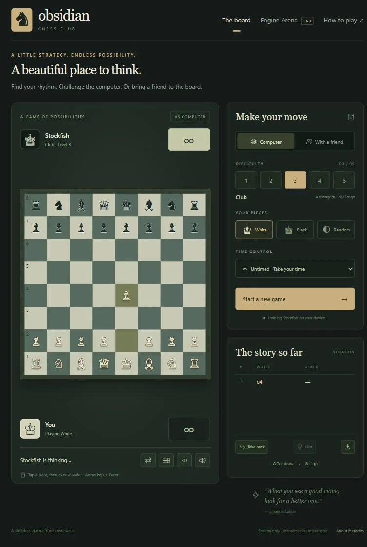 Tablet layout showing the optional 2D chessboard after White plays e4.