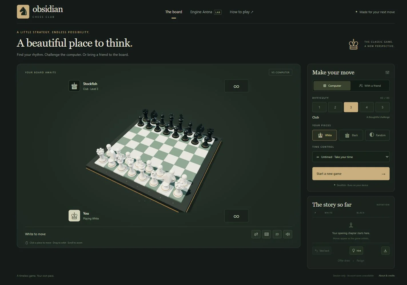 Desktop Obsidian Chess with its sculpted 3D board, five computer levels and notation panel.