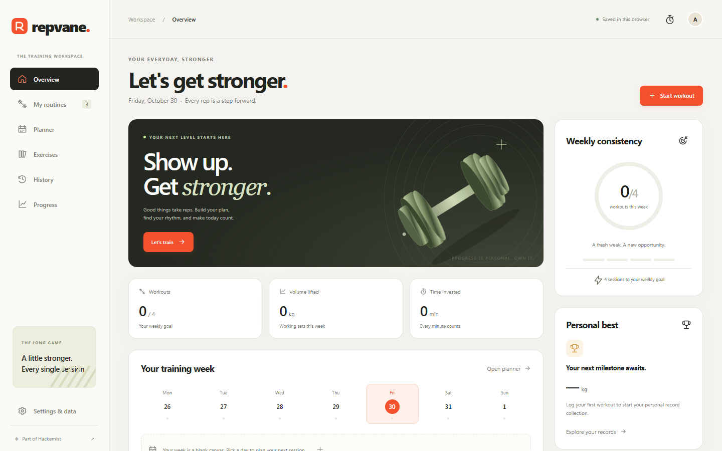 Repvane’s desktop overview with training week, goal ring and original dumbbell artwork.