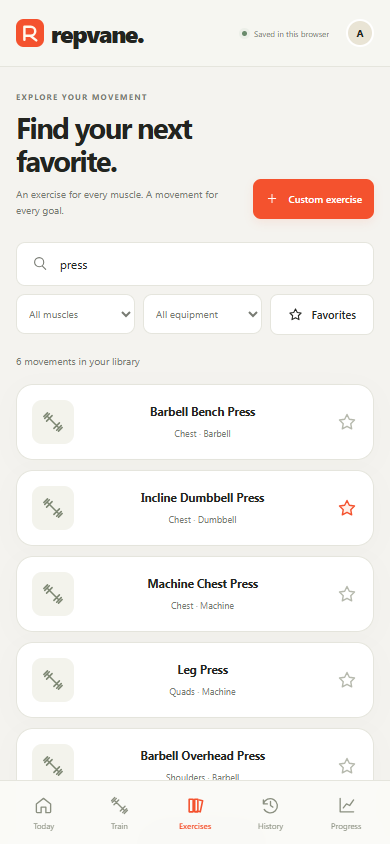 Phone exercise library filtered to pressing movements, with muscle groups, equipment and favorite stars.