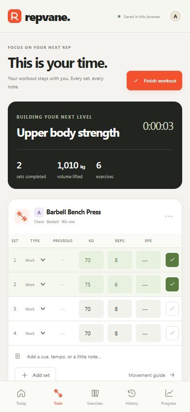 Repvane’s phone set logger with two checked barbell bench-press sets and editable weights, repetitions and RPE.