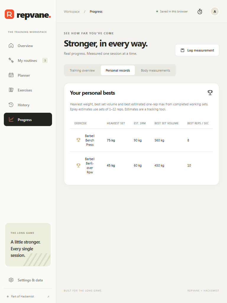 Tablet personal-records table showing bench-press and barbell-row records from a completed local session.