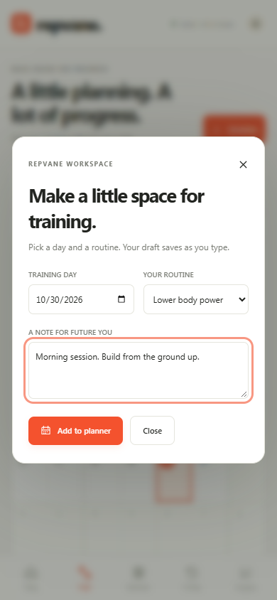 Phone workout planner showing a selected day and a scheduling dialog for a lower-body routine.