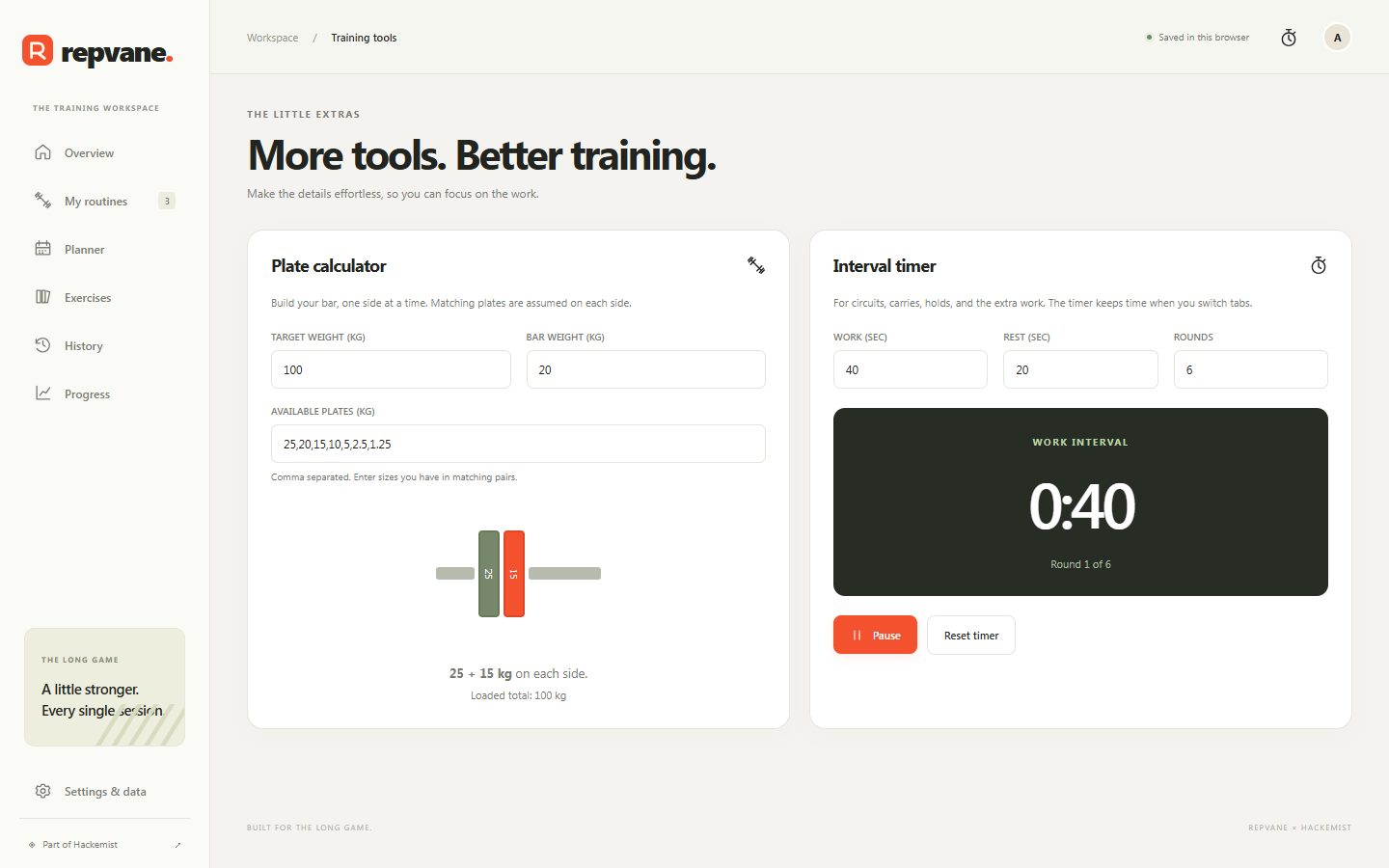 Desktop plate calculator and running work-rest interval timer.