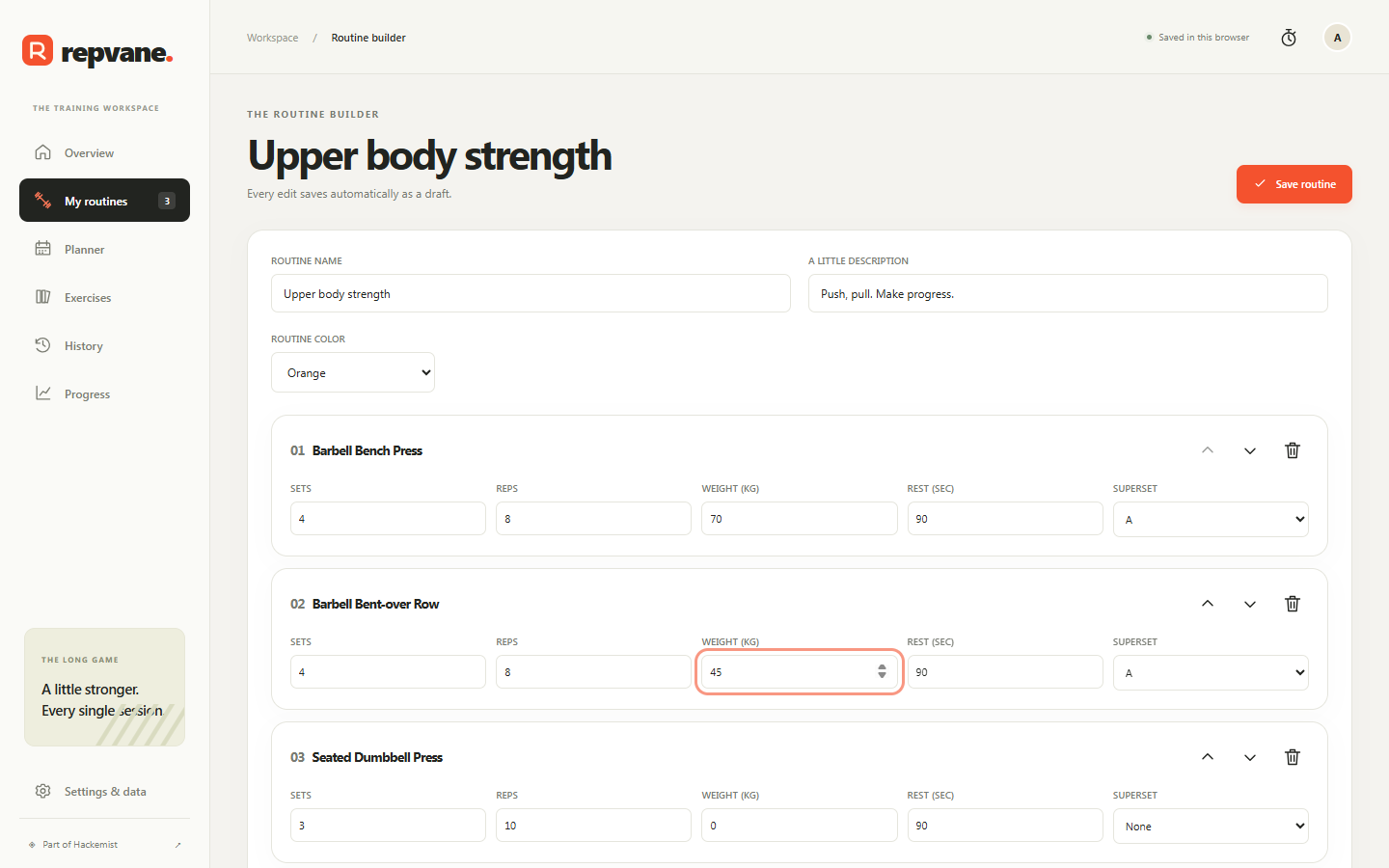 Desktop routine builder with exercise targets, weights, rest times and superset groups.