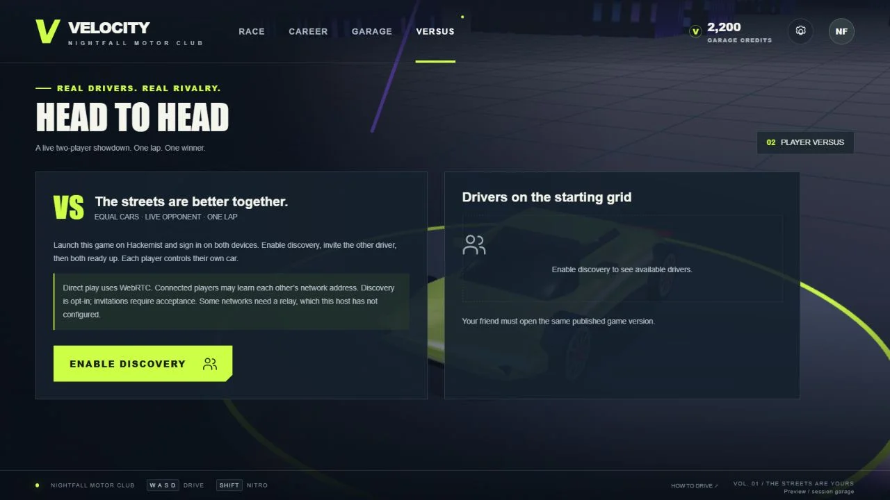 Two-player head-to-head setup explaining consent, discovery and invitation rules.