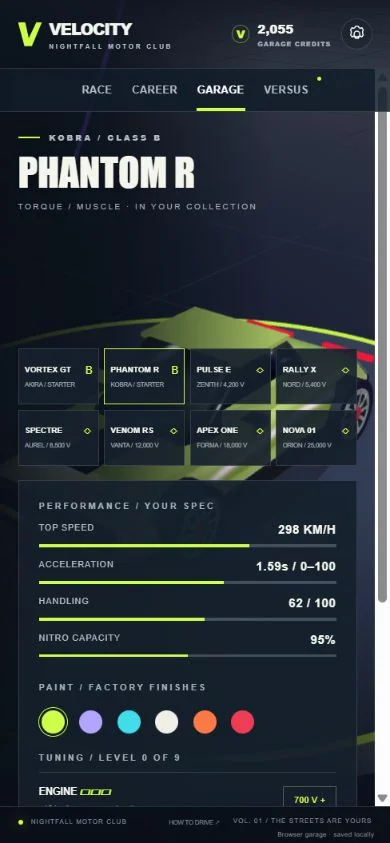 Phone garage layout with Phantom R, eight car choices, performance bars, paints and scrollable tuning.