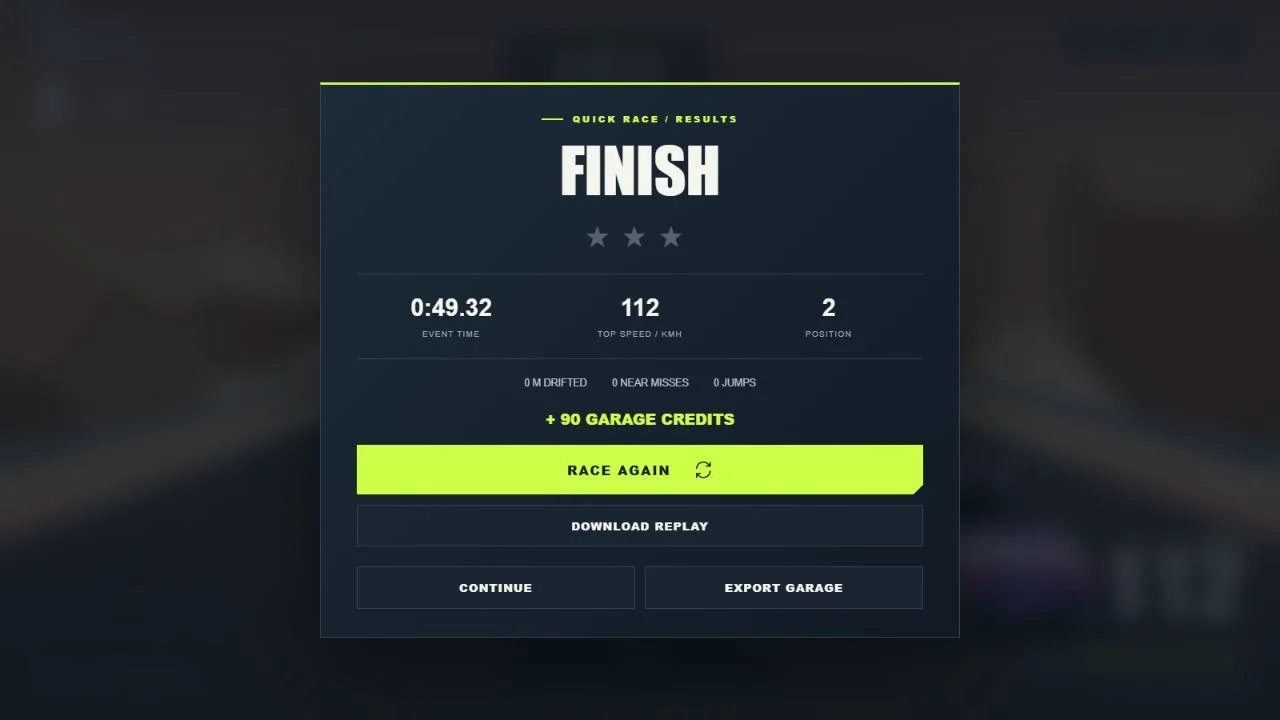 Completed drag race showing a 49.32 second time, second position, 112 km/h top speed and 90 credits.