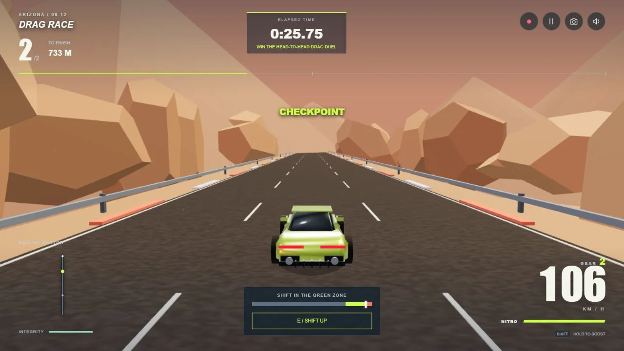 Phantom R driving down the canyon drag strip with speed, distance, minimap and manual shift timing HUD.