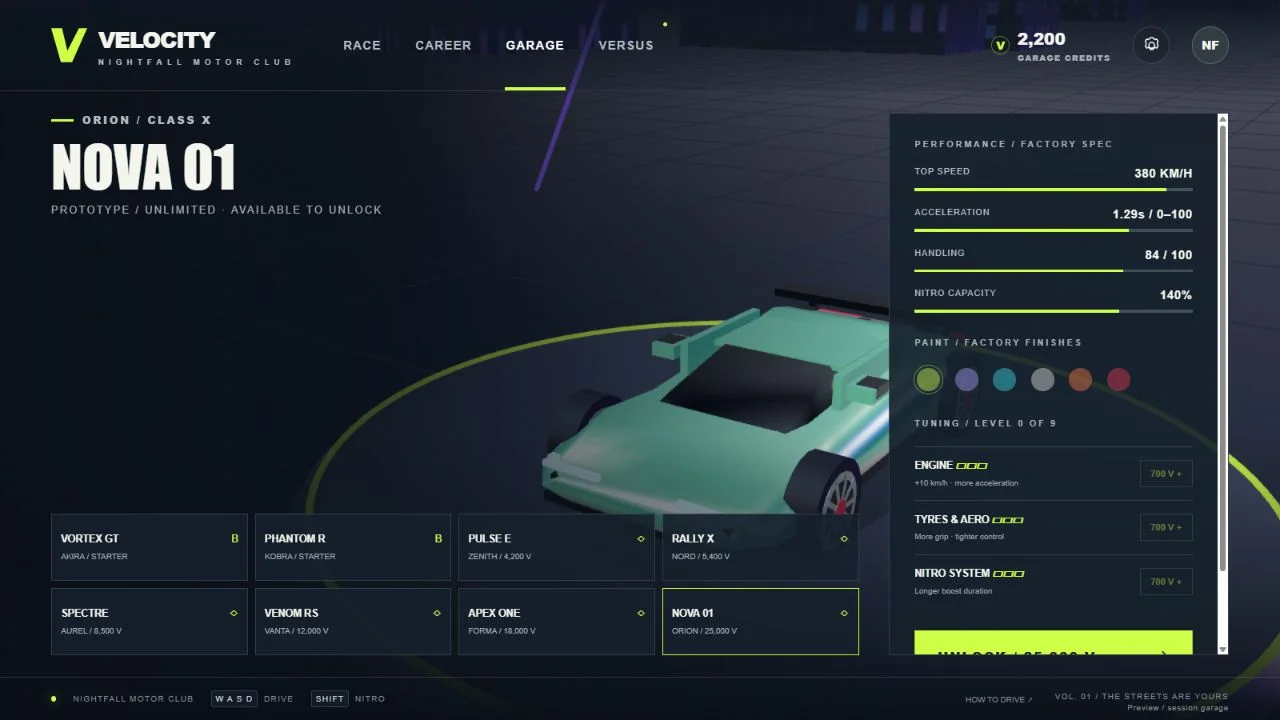 Garage screen previewing the Orion Nova 01 prototype, with car selection and tuning controls.