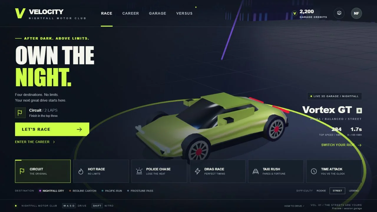 Home screen showing six race modes, four destinations and the live 3D Phantom R garage showcase.
