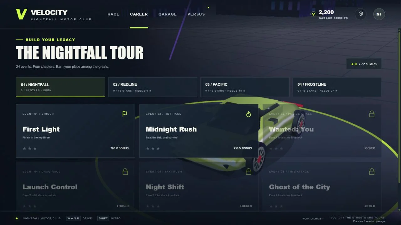 Career chapter screen with six event types, star gates and event rewards.