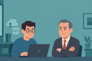 A picture of a tech guy sitting with his boss