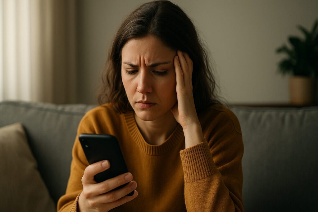 An anxious woman using her phone