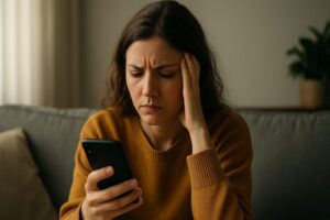 An anxious woman using her phone