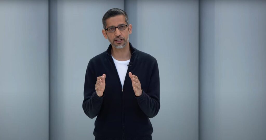 Sundar Pichai giving his keynote speach at the Google 2025 I/O